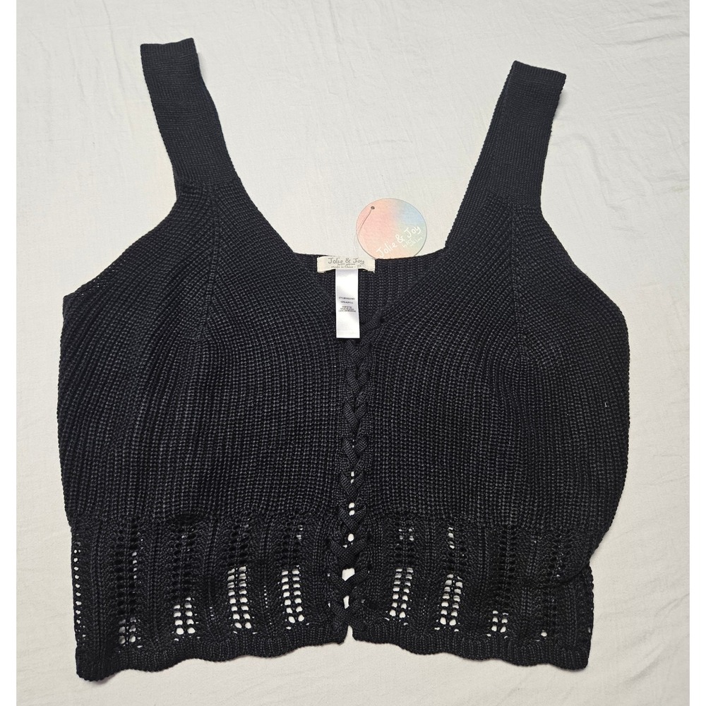 Jolie & Joy Knit Crop Top Women 2X Black Boho Pointelle Braided Lace Up Tank